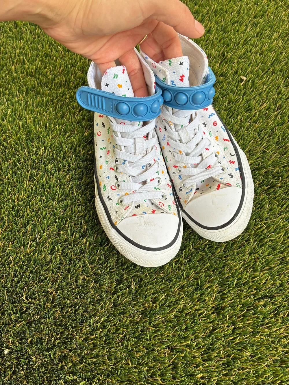 Converse Kids White High-Top Sneakers with Blue Strap and Multicolor Print